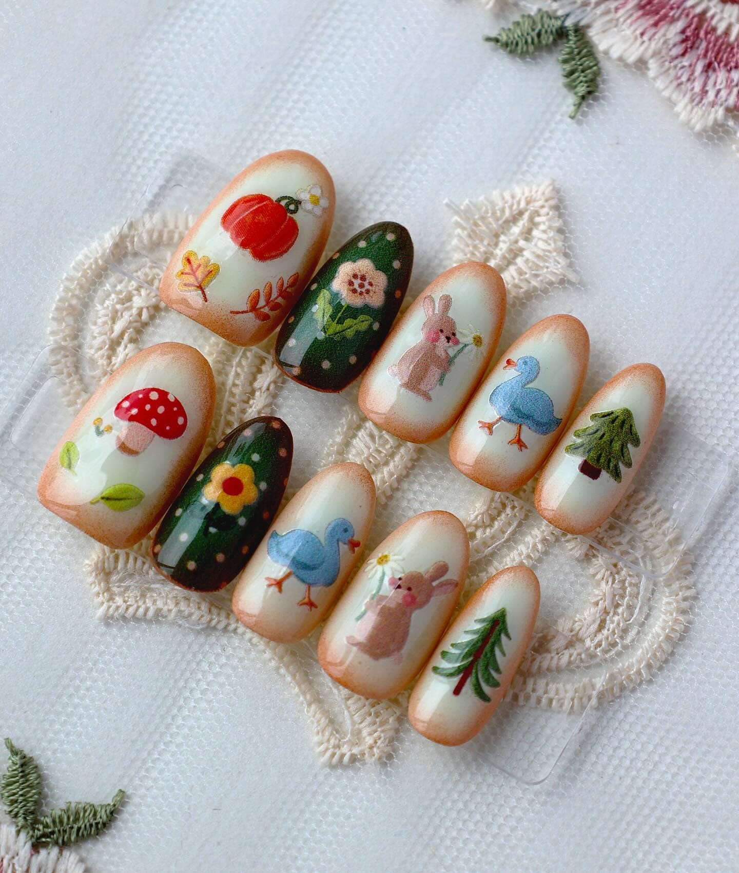 Woodland Drücken Sie Auf Die Nägel, Süße Waldtier Häschen Ente Pilz Nagelkunst, Cottagecore Handgemachte Nägel von Etsy - SieglindeCrafts