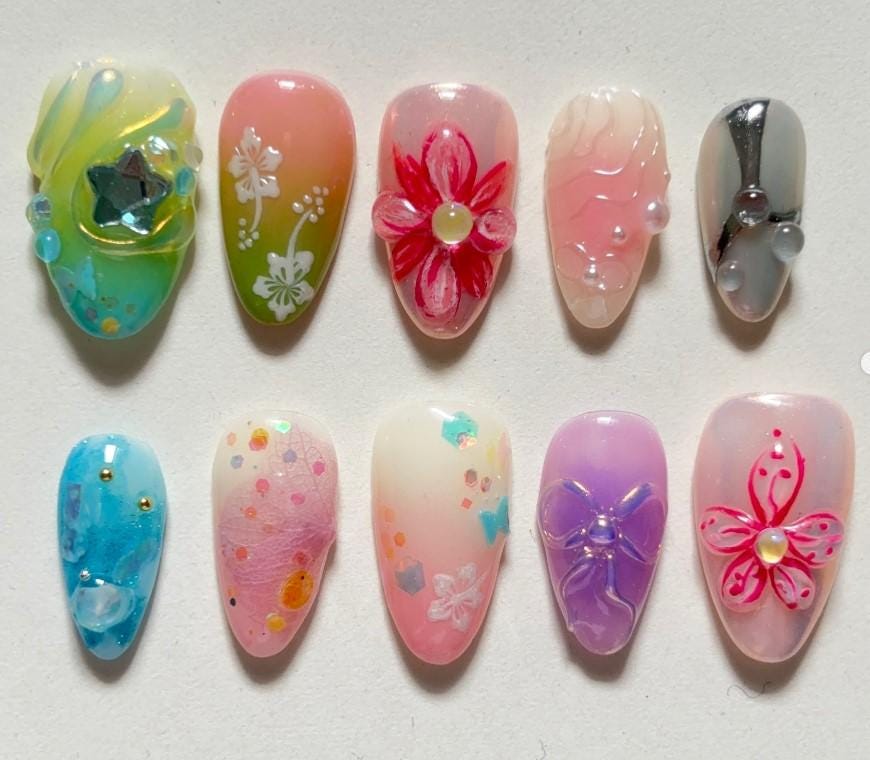 Y2K Cyber Fairy Drücken Sie Auf Die Nägel, 3D Rosa Hibiskus Blumennägel, Pastell Ombre Chrom Gefälschte Handgefertigte Benutzerdefinierte von Etsy - SieglindeCrafts