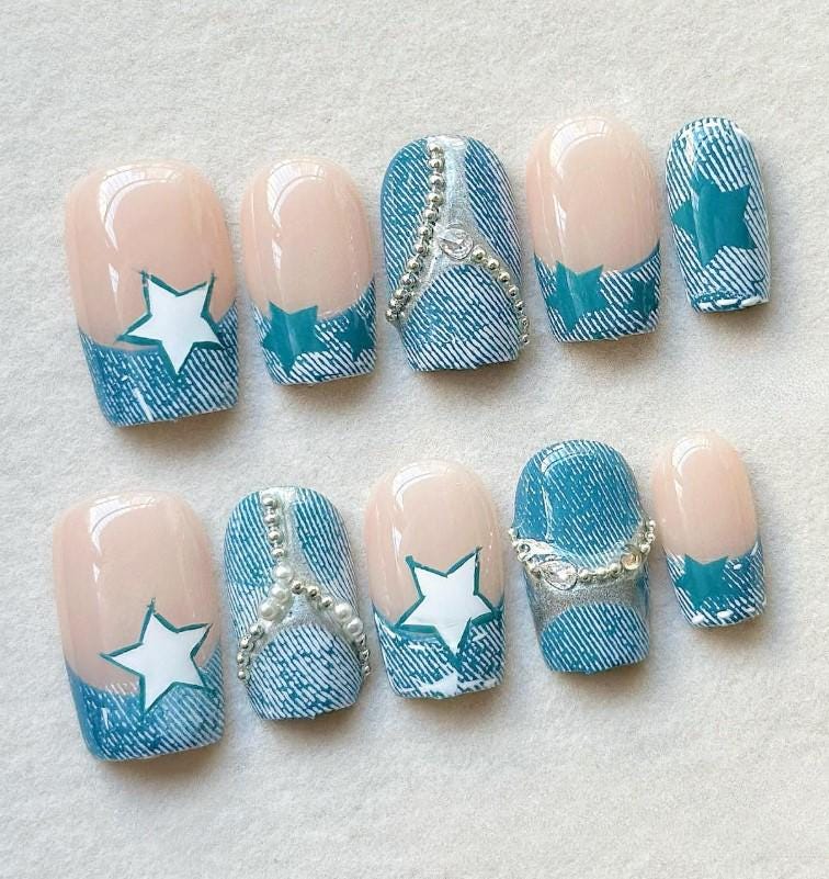 Y2K Denim, Drücken Sie Auf Die Nägel, Luxus Blue Jeans Star Print, Falsche Nägel von Etsy - SieglindeCrafts