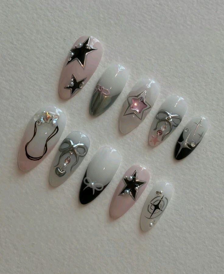 Y2K Star Bow Press On Nägel | Pastell Chrom Nagel Kunst Rosa Weiß Handgefertigte Fake von Etsy - SieglindeCrafts