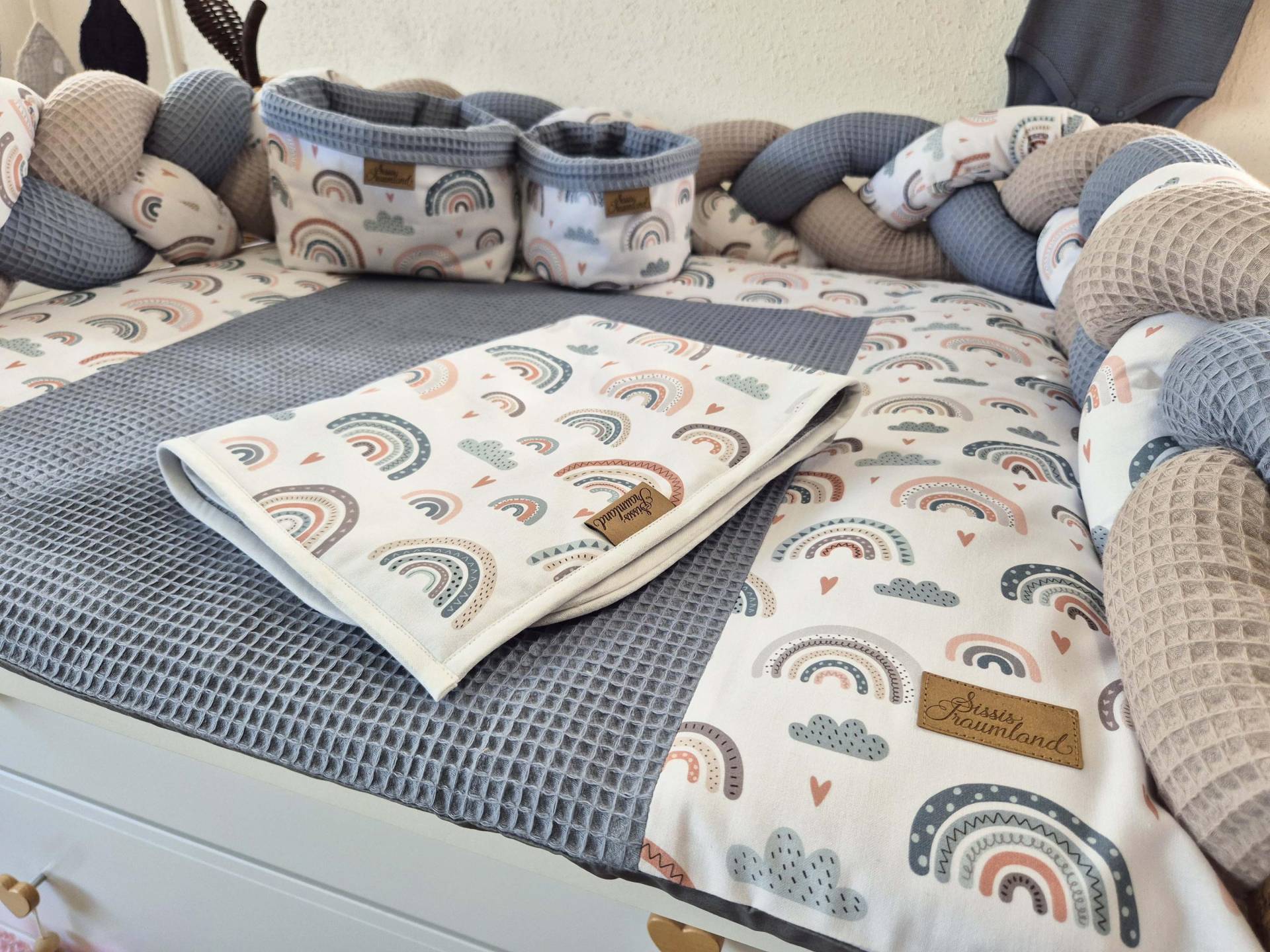 Für Luisa Wunschmaß - Wickelauflage Regenbogen Petrol Waffel Jeansblau von Etsy - SissisTraumland