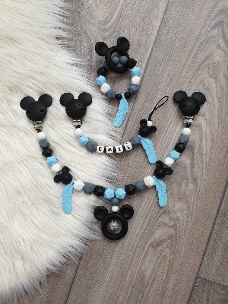 Micky Maus Set/Schnullerkette Mit Wunschnamen Wagenkette/Maxicosyanhänger Junge Blau , Grau, Schwarz von Etsy - StaysisShnullerkette