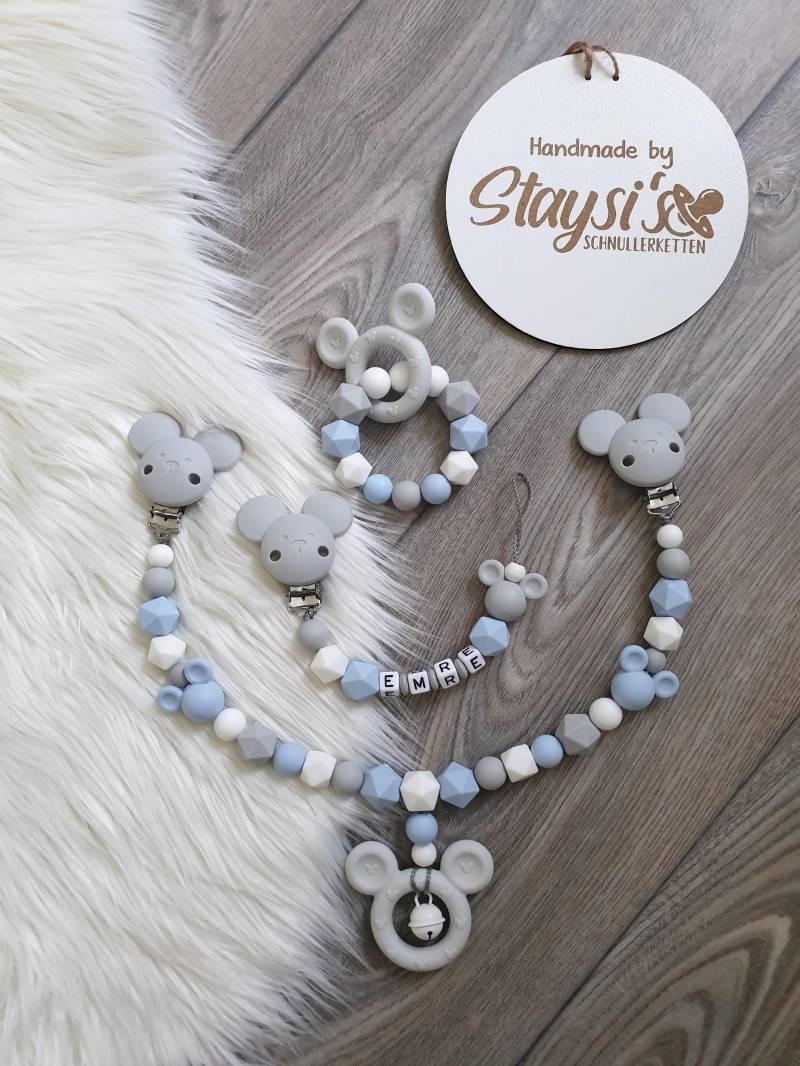 Micky Maus Set/Schnullerkette Mit Wunschnamen Wagenkette/Maxicosyanhänger Junge Blau , Grau von Etsy - StaysisShnullerkette