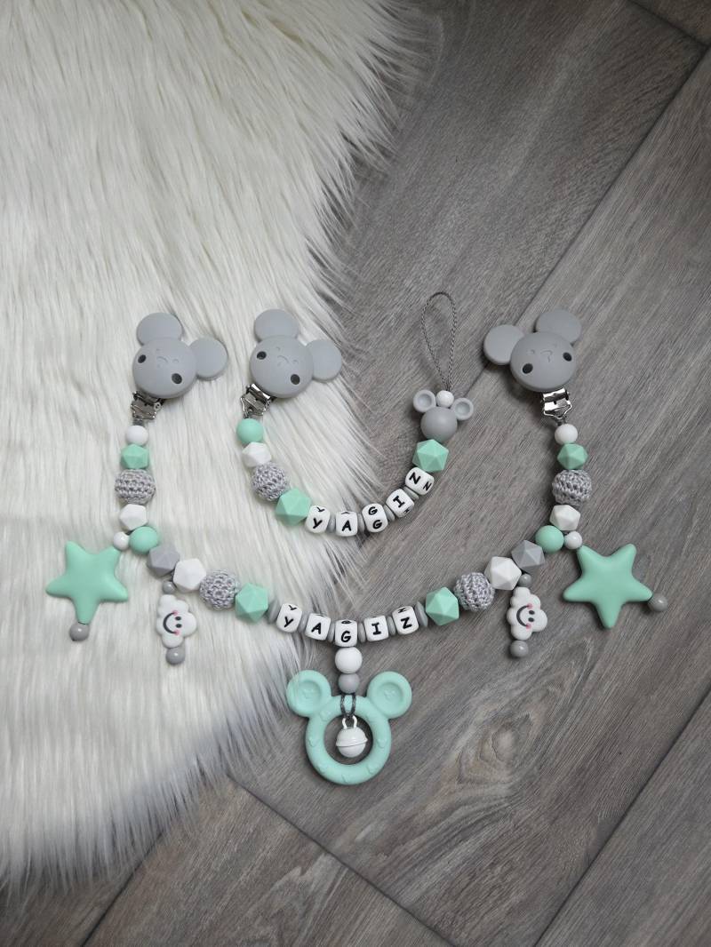 Micky Maus Set Schnullerkette Mit Wunschnamen, Kinderwagenkette Mint Grau von Etsy - StaysisShnullerkette