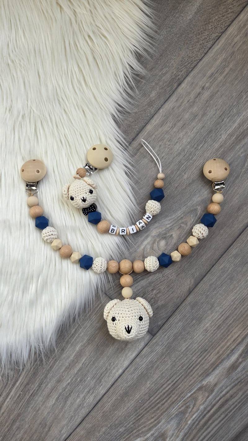 Schnullerkette Kinderwagenkette Set Bär Personalisiert Mit Wunschnamen Beige Blau von Etsy - StaysisShnullerkette
