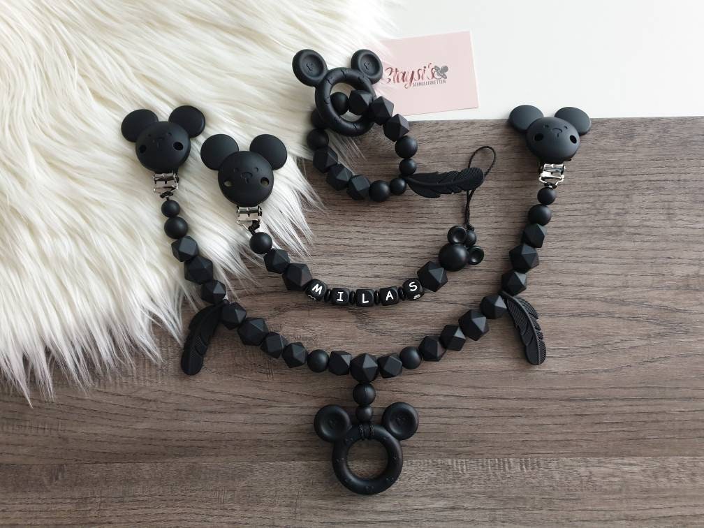 Schnullerkette Kinderwagenkette Set Mit Namen Schwarz Mickeymaus Mickymaus Babygeschenk Babyparty Taufe Zur Geburt von Etsy - StaysisShnullerkette