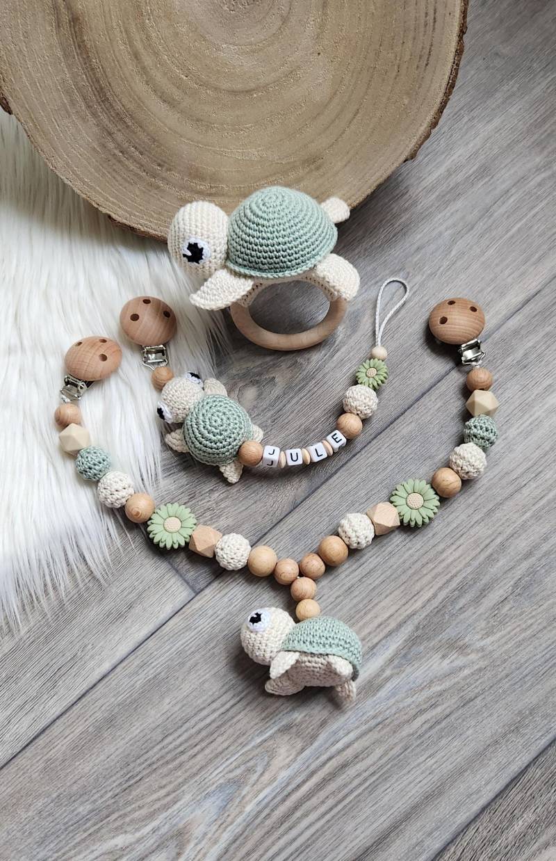 Schnullerkette Kinerwagenkette Schildkröte Set Mit Wunschnamen von Etsy - StaysisShnullerkette