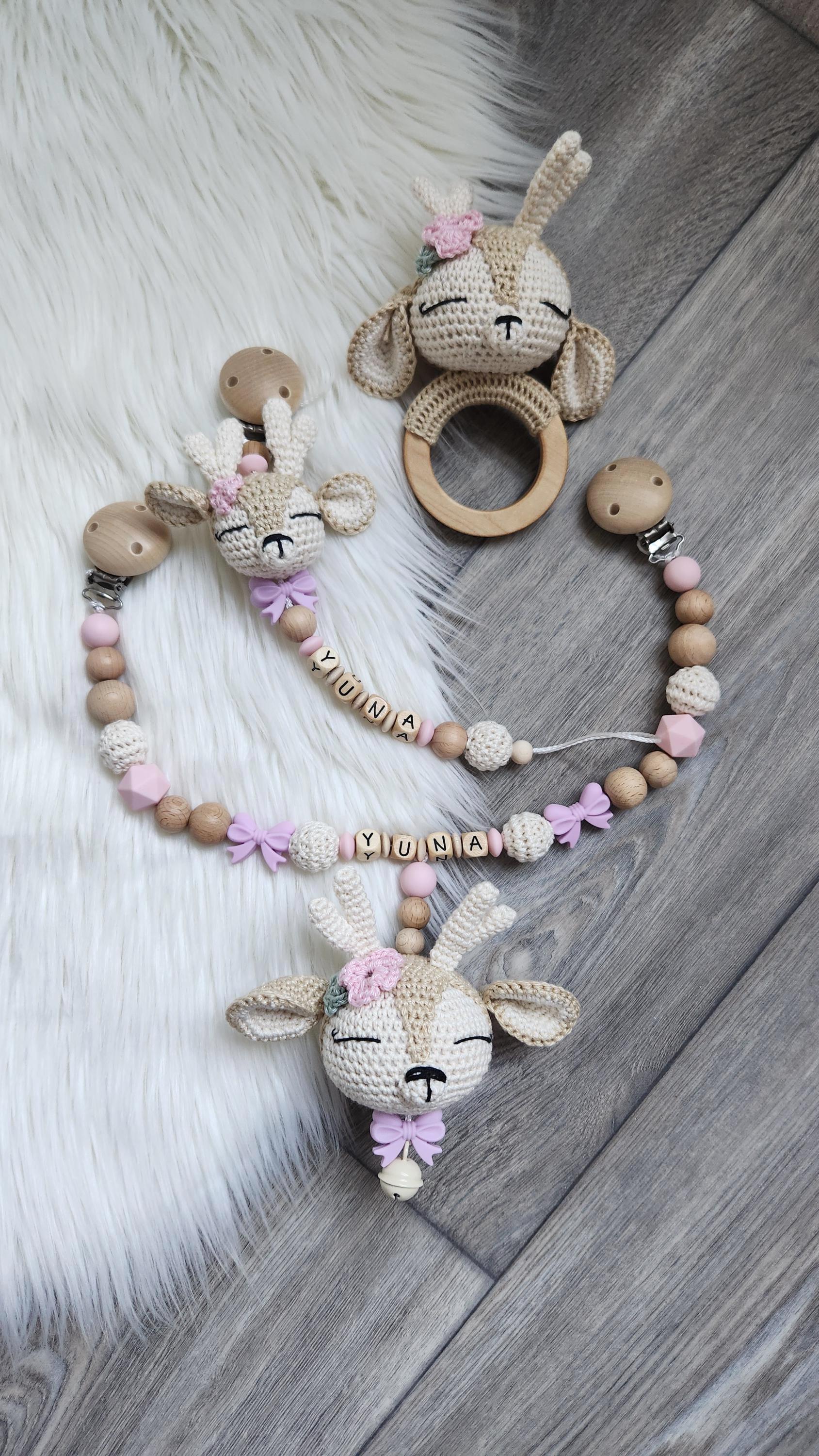Schnullerkette Mit Namen, Kinderwagenkette, Bambi, Reh, Mädchen Schleife Handmade von Etsy - StaysisShnullerkette