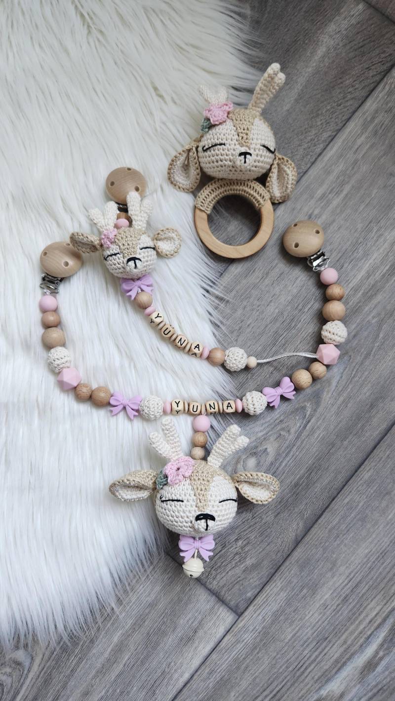 Schnullerkette Mit Namen, Kinderwagenkette, Bambi, Reh, Mädchen Schleife Handmade von Etsy - StaysisShnullerkette