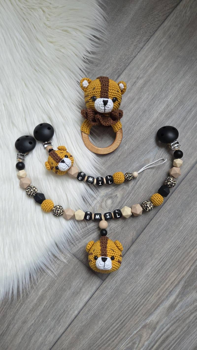 Schnullerkette Tieger Kinderwagenkette Set Personalisiert Wunschname Löwe Junge Mädchen Geburt Taufe Babyshower von Etsy - StaysisShnullerkette