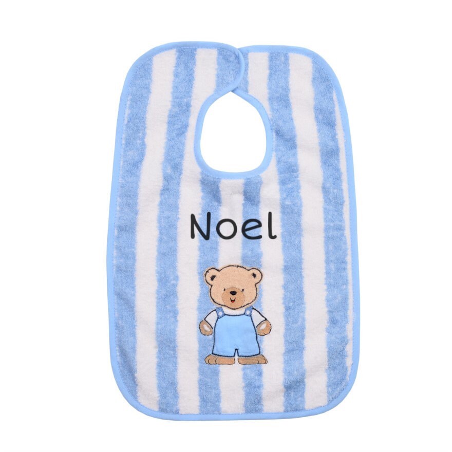 Babylätzchen Mit Klettverschluss Name Bestickt | Teddy Hellblau Streifen von Etsy - SticklingDE