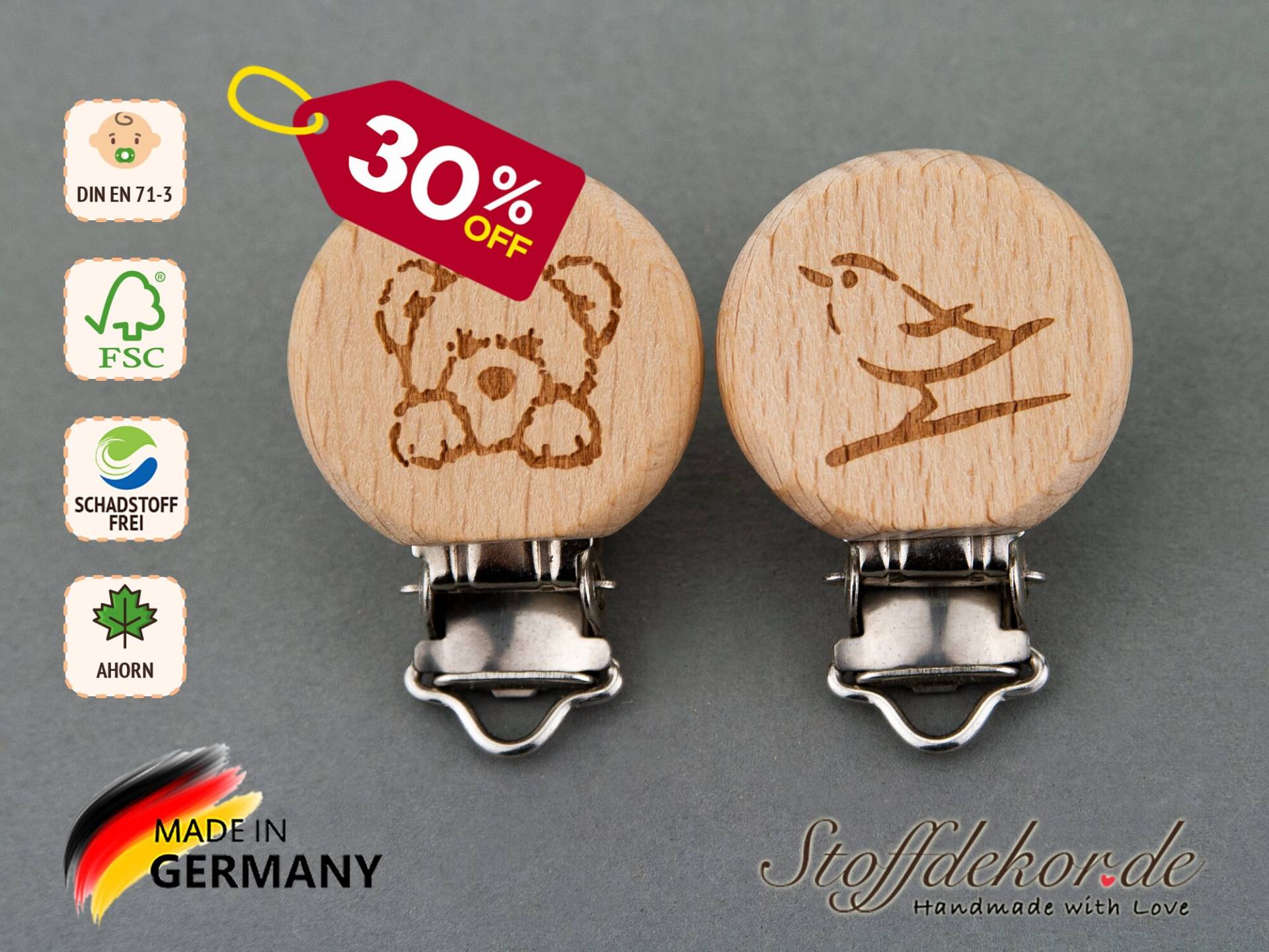 Holzclip Gravur Lasergravur Bär Vogel Baby-Clip Schnullerclip Schnullerkettenclip Anhängerclip Clip Wagenkette Beißkette Spielkette Anhänger von Etsy - Stoffdekor