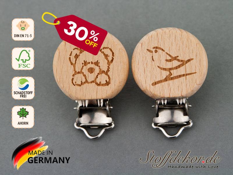 Holzclip Gravur Lasergravur Bär Vogel Baby-Clip Schnullerclip Schnullerkettenclip Anhängerclip Clip Wagenkette Beißkette Spielkette Anhänger von Etsy - Stoffdekor