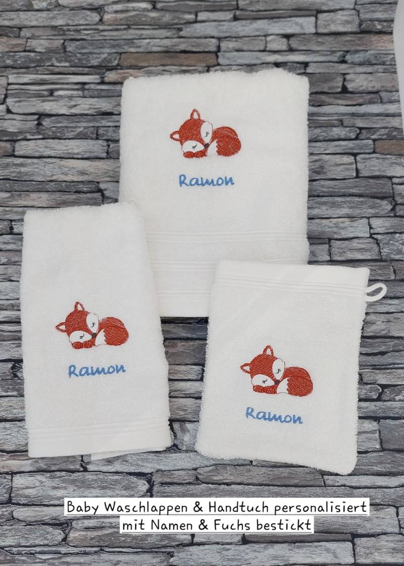 Baby Waschlappen & Handtuch Mit Namen Bestickt Fuchs Und - Personalisiert Kinder Taufgeschenk Geburt von Etsy - StrickStoffMariAnco