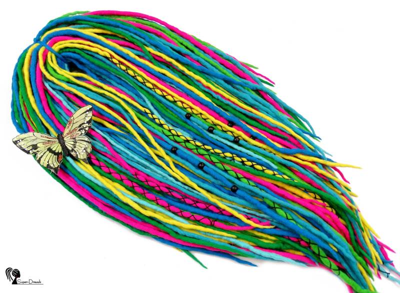 Regenbogen Merino Wolle Dreadlocks Erweiterungen, Doppelseitiges Hippie Festival Dread Set Mit Perlen Regenbogen Merino Wolle Dreadlocks Erweiterungen, Doppelseitiges Hippie Festival Dread Set Mit Perlen von Etsy - SuperDreadsArt