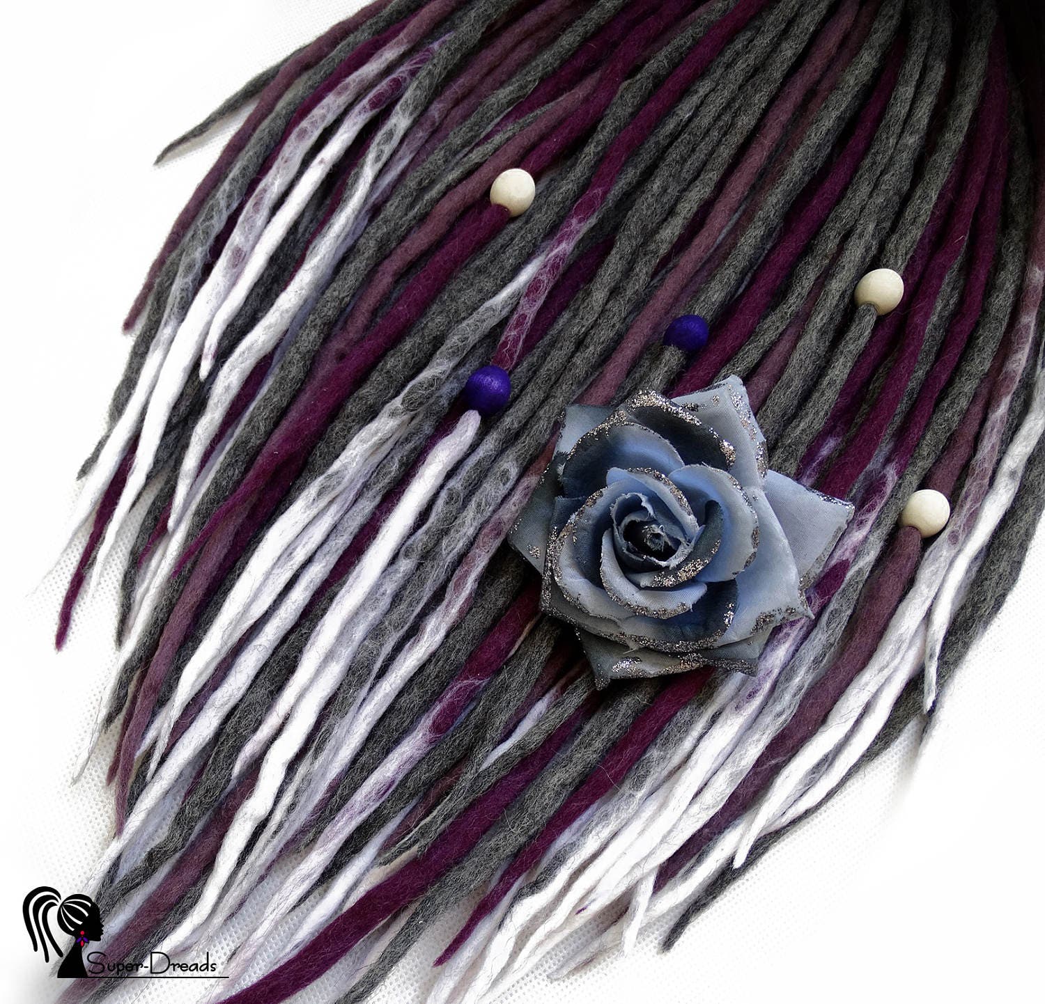 Wolle Dreadlocks Komplettset Lila Grau Weiß Ombre, Merino Dreads Mit Perlen von Etsy - SuperDreadsArt