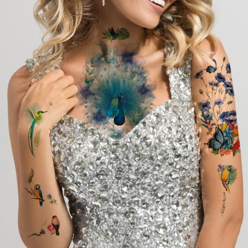 Supperb® Temporäre Tattoos - Aquarell Traum Vom Pfau & Sommerblumen Tattoo Ärmel Großes Arm | St-L-45 + St-117 von Etsy - SupperbTattoos