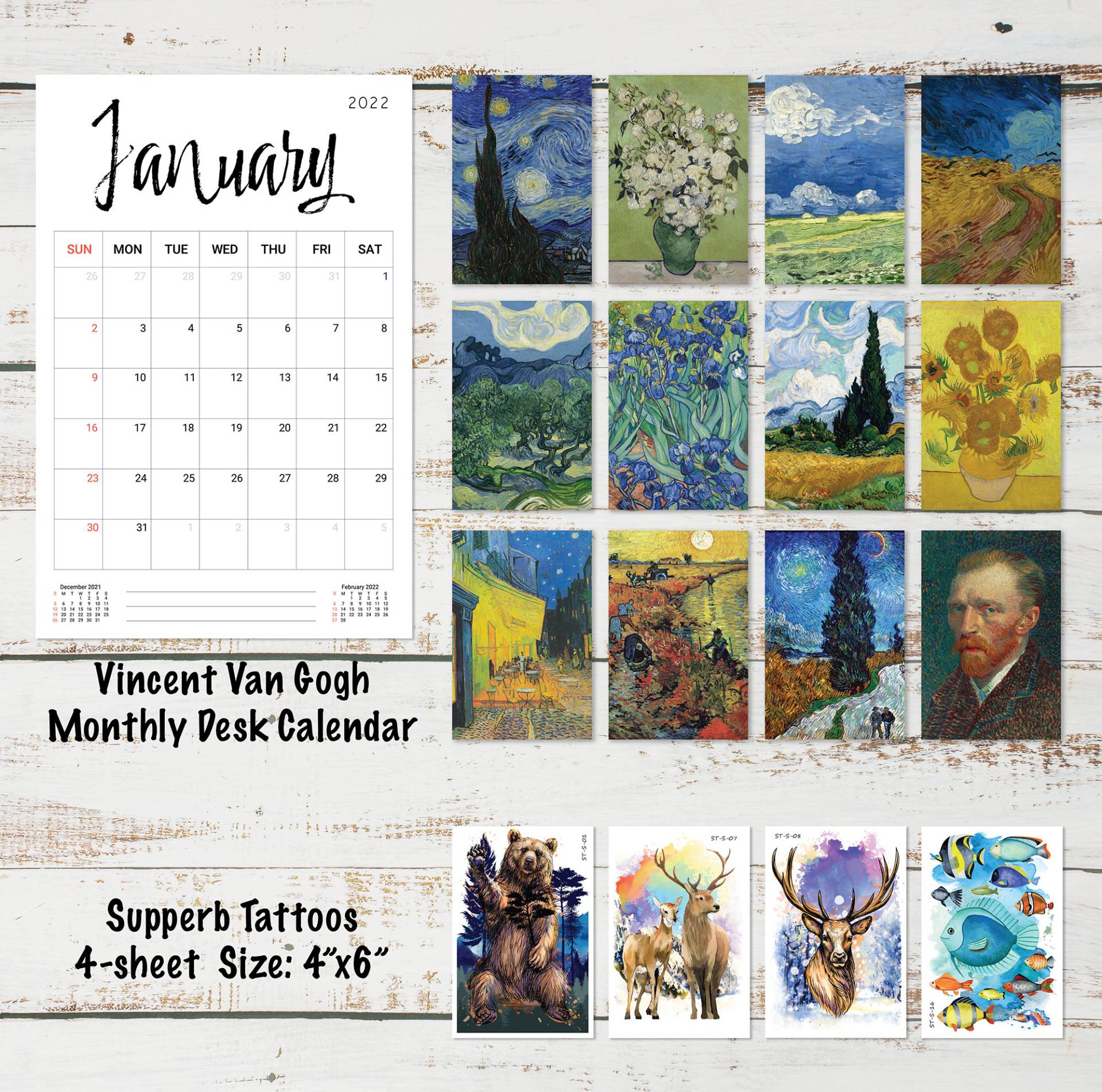 Supperb® Temporäre Tattoos & Kalender Set - Vincent Van Gogh Tischkalender 12-Monatskalender Und Aquarell Temporäre Geschenkset von Etsy - SupperbTattoos