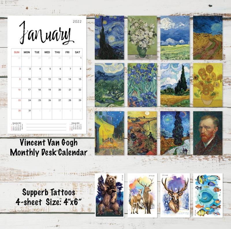 Supperb® Temporäre Tattoos & Kalender Set - Vincent Van Gogh Tischkalender 12-Monatskalender Und Aquarell Temporäre Geschenkset von Etsy - SupperbTattoos