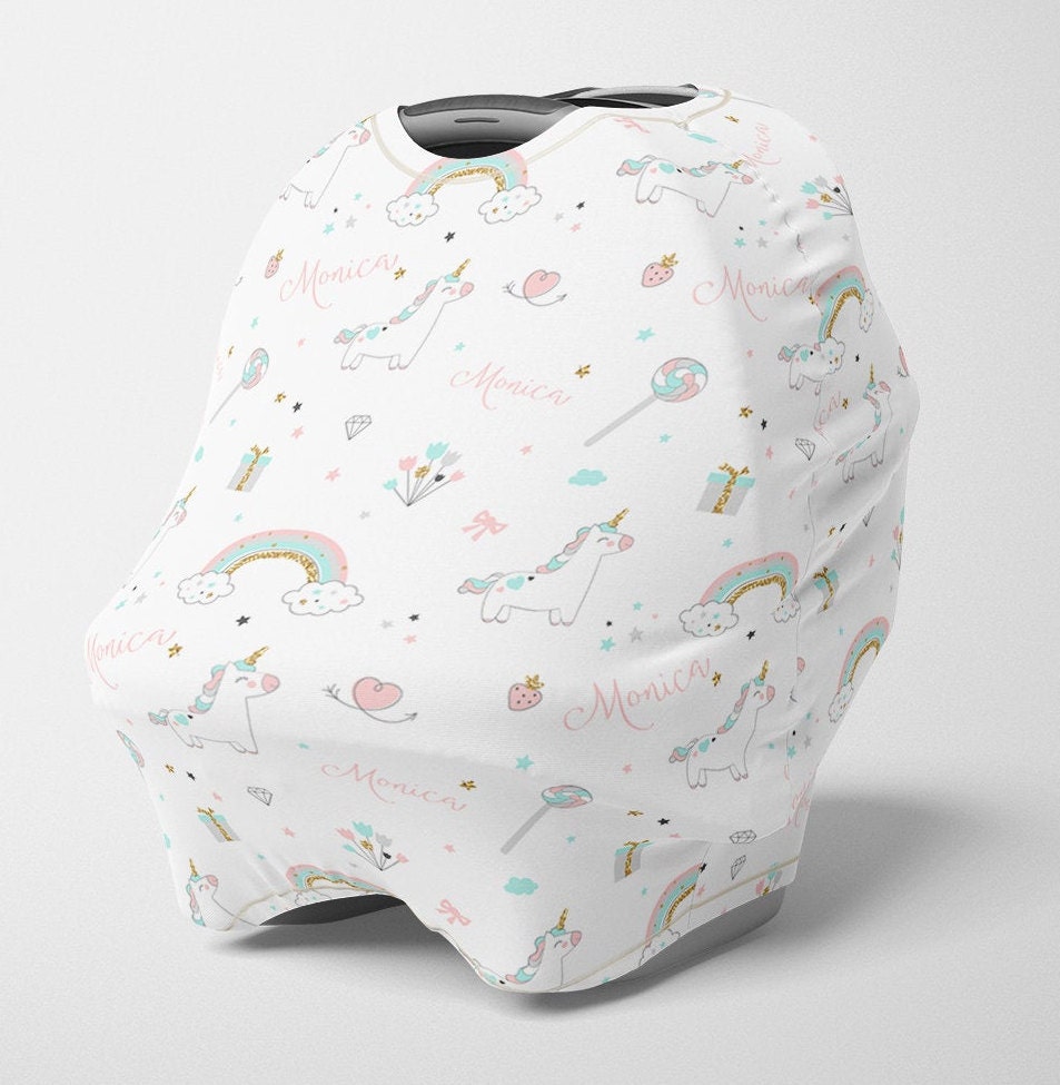 Personalisierter Einhorn Autositz Baldachin, Mädchen Dehnbarer Autositzbezug, Regenbogen 4 in 1 Abdeckung, Pflegebezug Spc163 von Etsy - SweetBabyDays