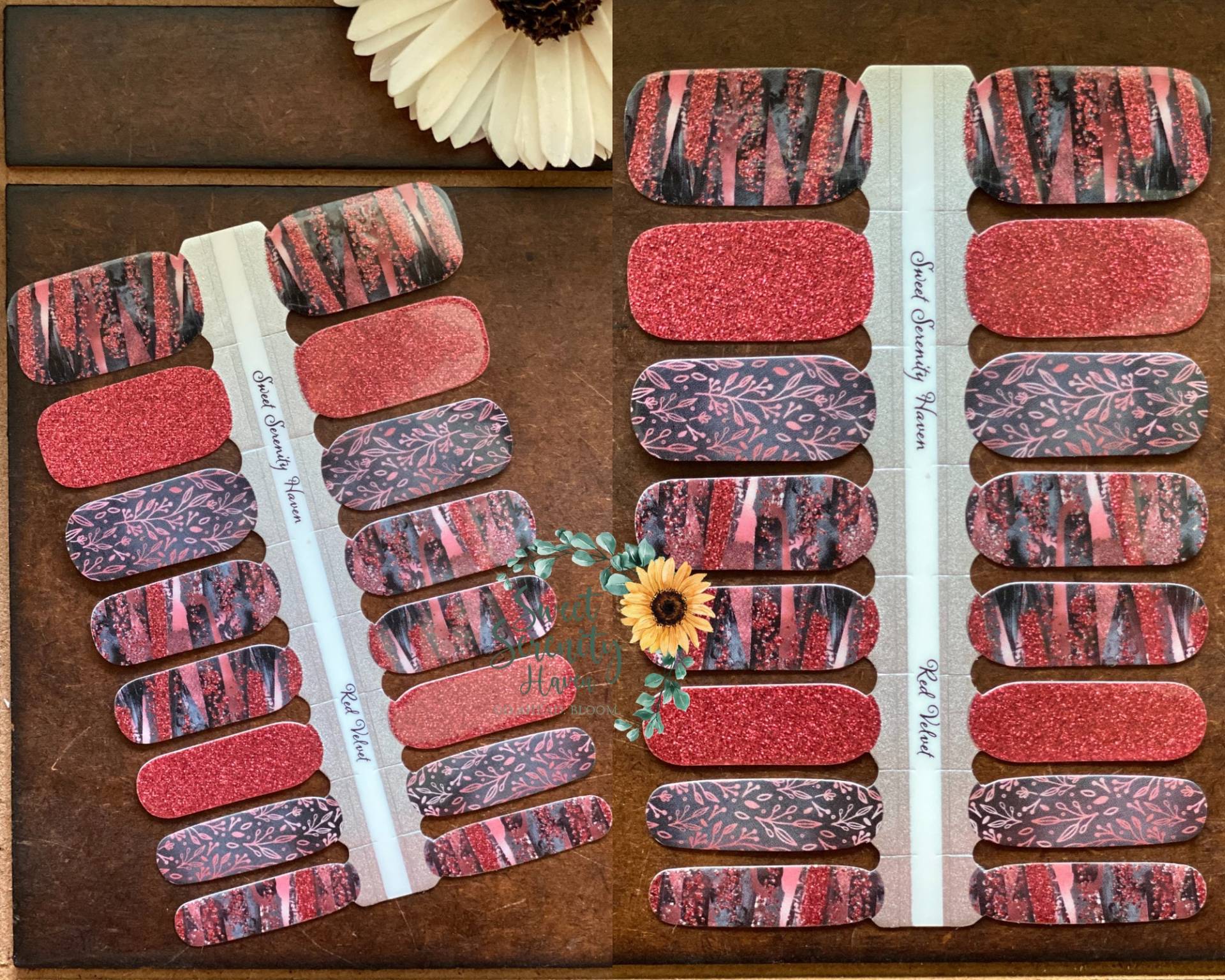 Roter Samt Nagellack Wraps; Rote Nagelstreifen; Glänzend Mit Glitzerakzenten; Florale Und Abstrakte Nagelkunst Roter Samt Nagellack Wraps; Rote Nagelstreifen; Glänzend Mit Glitzerakzenten; Florale Und Abstrakte Nagelkunst von Etsy - SweetSerenityHaven