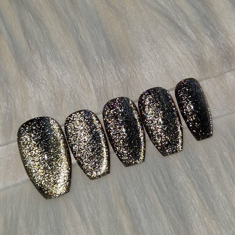 Schwarz Gold Shimmer Reflective Cat Eye Press On Nails, Magnetic von Etsy - SymbelNails