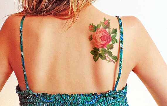 Blühende Schönheit - Große Schöne Vintage Rose Temporäres Tattoo von Etsy - TTTattoodotcom