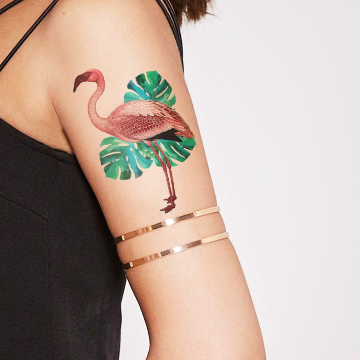 Rosa Flamingo Mit Monstera Blättern - Temporäres Tattoos von Etsy - TTTattoodotcom