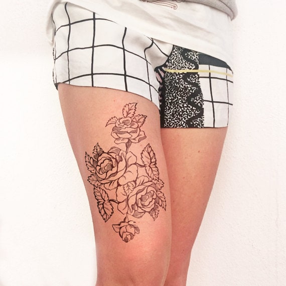 Schwarze Blütenblätter - French Rose Xxl Temporäres Tattoo von Etsy - TTTattoodotcom