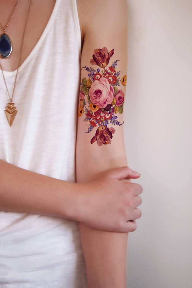 Große Vintage Rose Temporäres Tattoo | Boho Blumen Fake von Etsy - Tattoorary