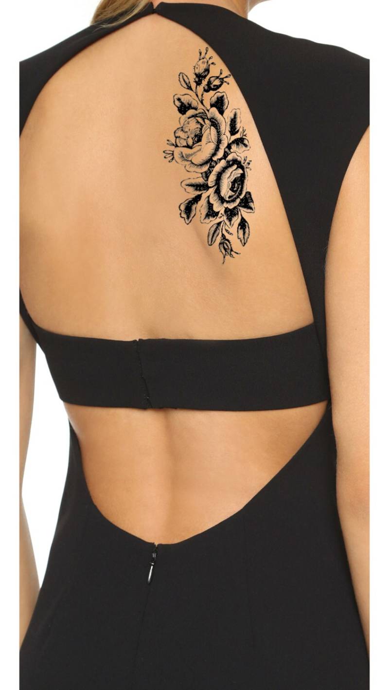 Großes Florales Temporäres Tattoo, Große Doppelte Rose Blume Vintage Linie Kunst Tattoo von Etsy - Tempitat