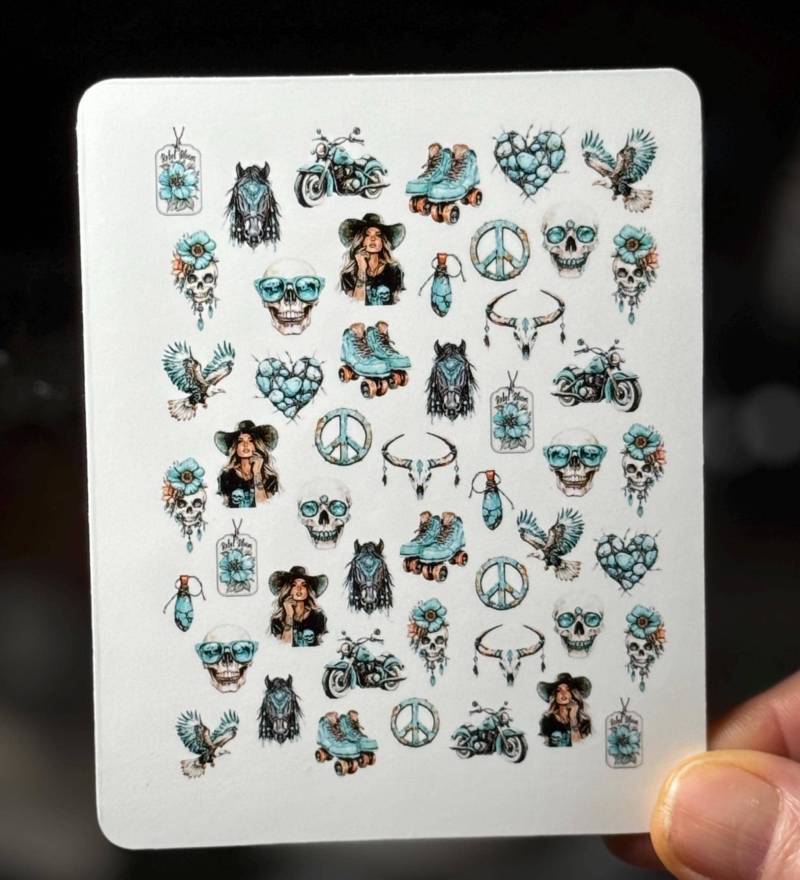 2D Western Cowgirl Wasser Nagelsticker, Wasserschiebe Abziehbild, Nailart Stickers Moderne Wild West Türkis von Etsy - TheArtofNaildesign