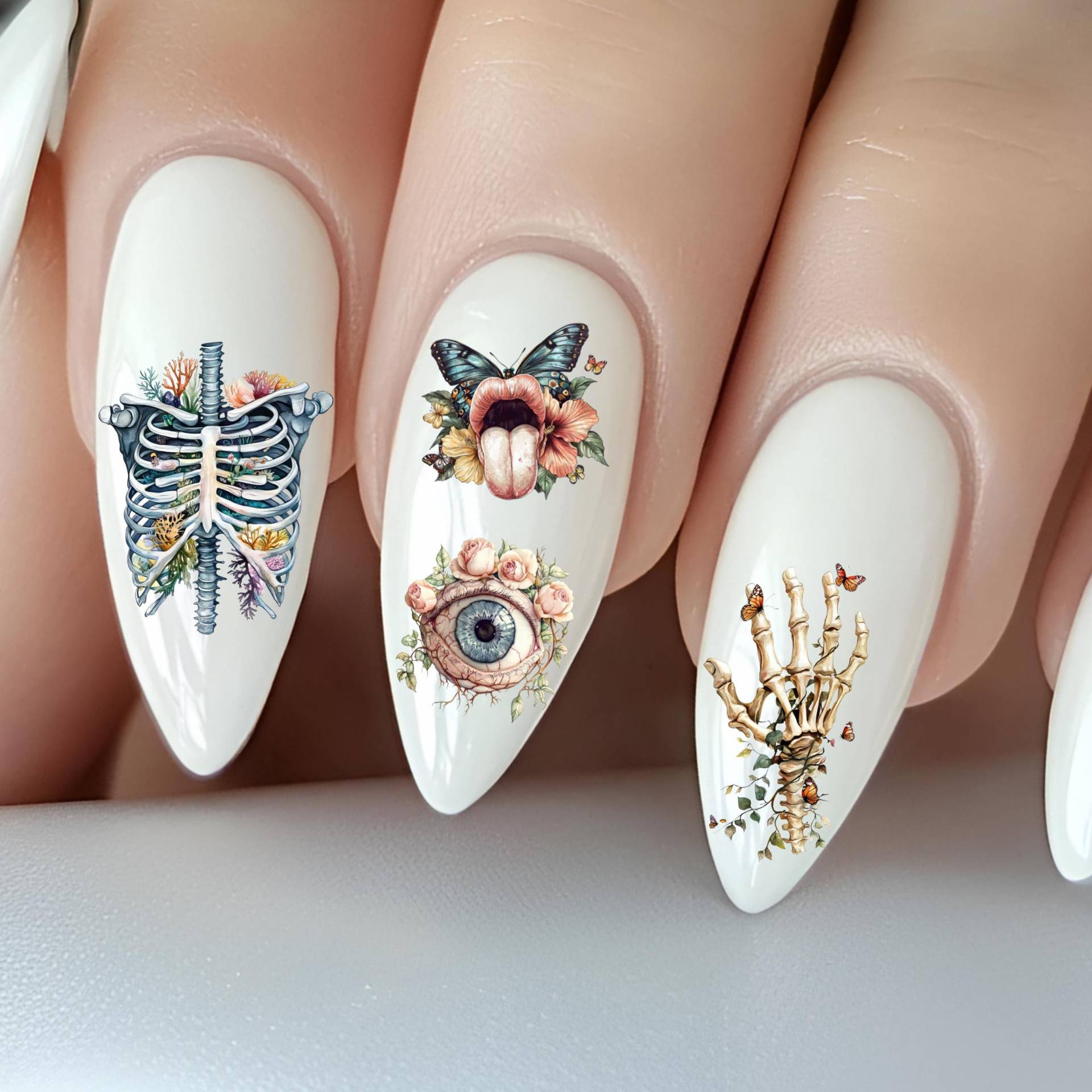 Florale Anatomie Wasser Nagelsticker, Wasserschiebe Sticker Nägel Schädel Mit Rosen, Blumen, Ranken Blätter Auge, Ohr, Hand von Etsy - TheArtofNaildesign