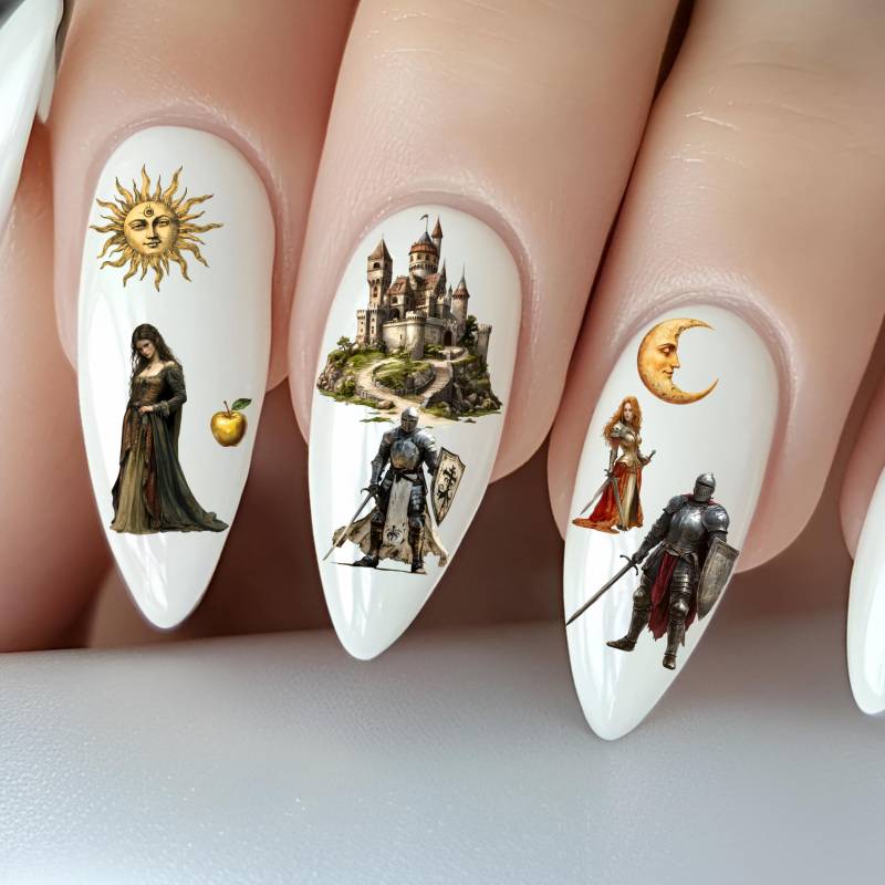 Mittelalterliche Phantasie Wasser Nagelsticker, Wasserschiebe Stickers Nägel, Ritter Drachen Burgen Feder von Etsy - TheArtofNaildesign