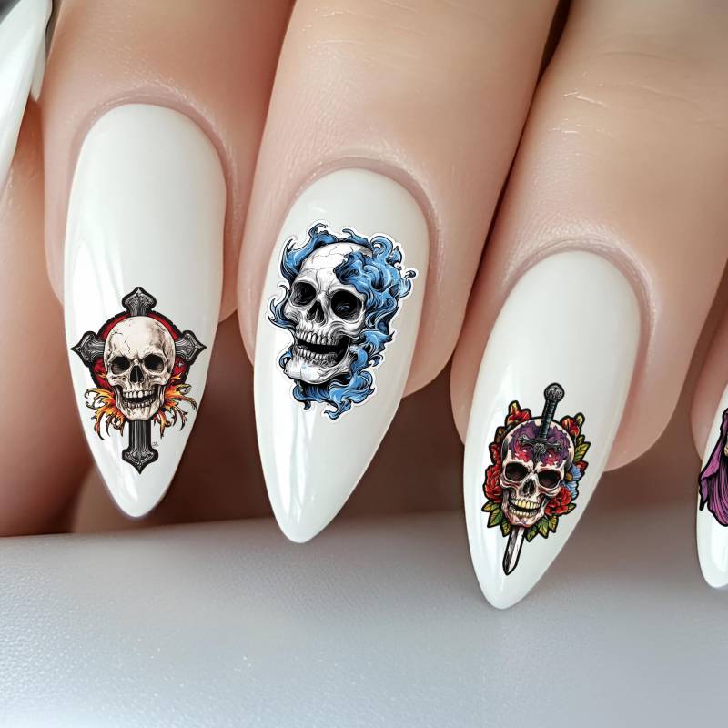 Old School Schädel Wasser Nagelsticker, Wasserschiebe Sticker Für Nägel, Totenkopf, Totenschädel, Knochen-Schädel von Etsy - TheArtofNaildesign
