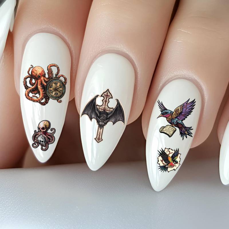 Old School Tiere Wasser Nagelsticker, Wasserschiebe Sticker Für Nägel, Oktopus, Drachen, Schlangen-Schädel, Fledermaus von Etsy - TheArtofNaildesign