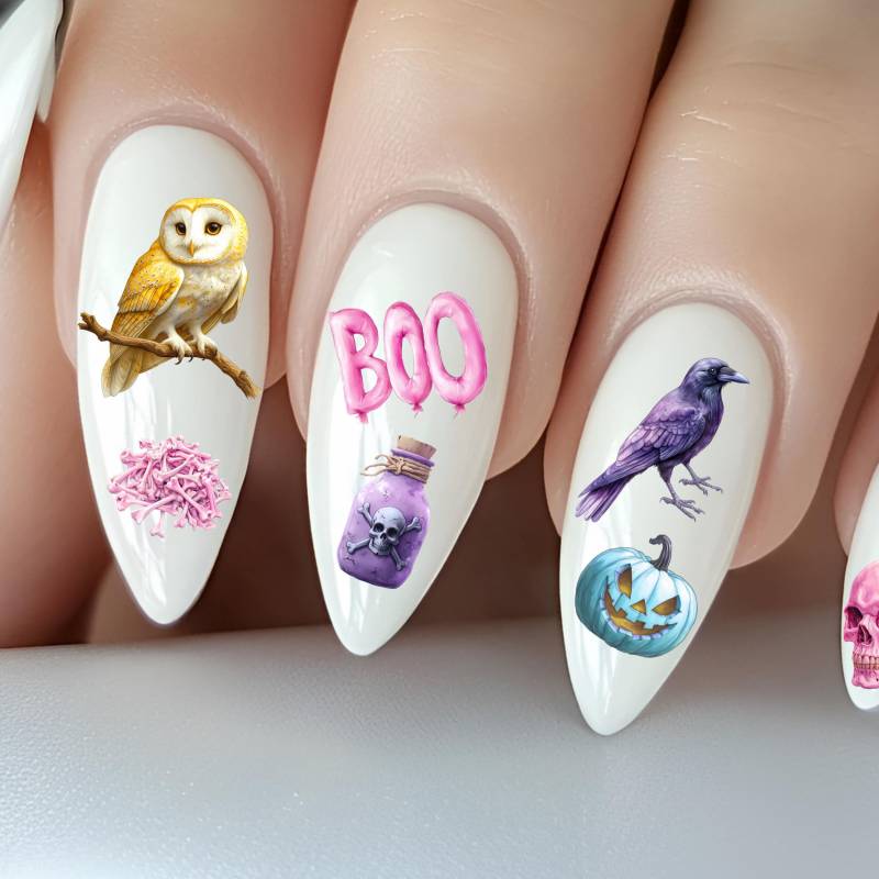 Pastell Halloween Wasser Nagelsticker, Wasserschiebe Sticker Für Nägel, Nagel Kürbis, Geist, Eule, Hexenkessel, Schwarze Katze von Etsy - TheArtofNaildesign