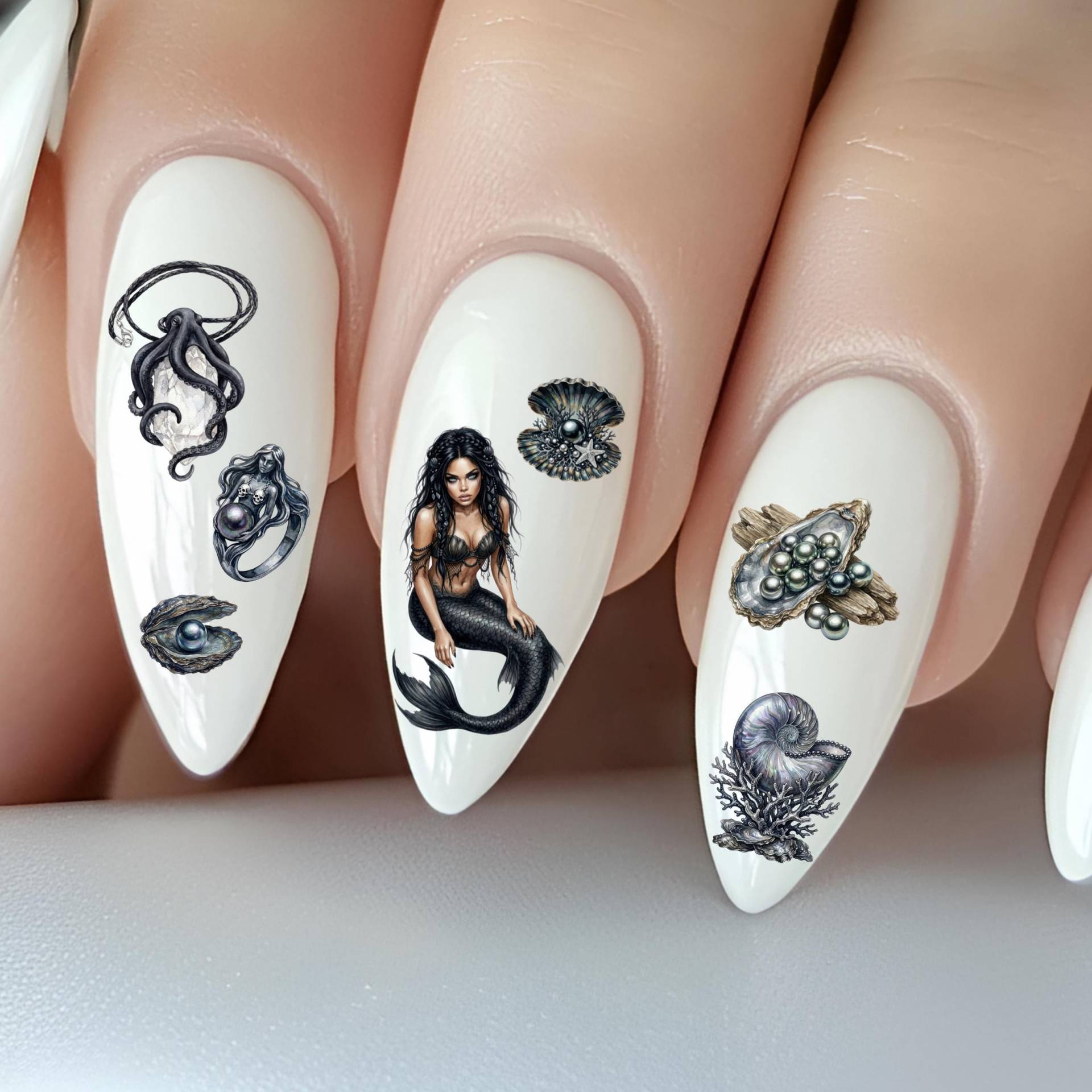 Schwarze Perle Wasser Nagelsticker, Wasserschiebe Stickers Nägel, Hexe, Meerjungfrau, Gothic Ozeangöttin von Etsy - TheArtofNaildesign