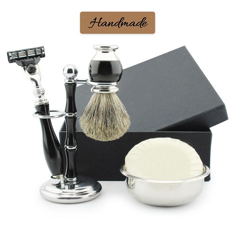 Handgefertigtes 5-Teiliges Herren Rasierset Dachshaarbürste, 3-Klingen-Rasierer, Stahlschale von Etsy - TheBodyTools