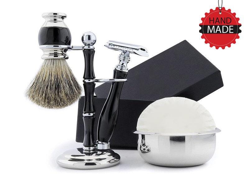 Handgefertigtes 5 Teiliges Rasierset Dachs-Pinsel, Rasierhobel & Ständer von Etsy - TheBodyTools