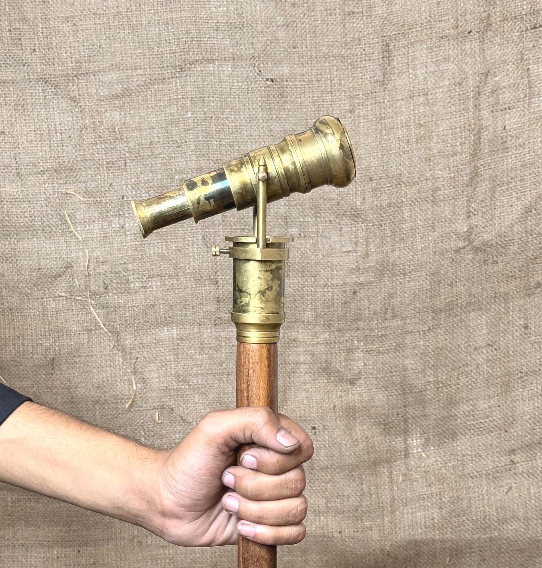 Victorian Brass Walking Cane - Sterling Silver Look Telescope Handle Stick With Leather Case, Vintage Style Wooden von Etsy - TheCraftHouseByAli