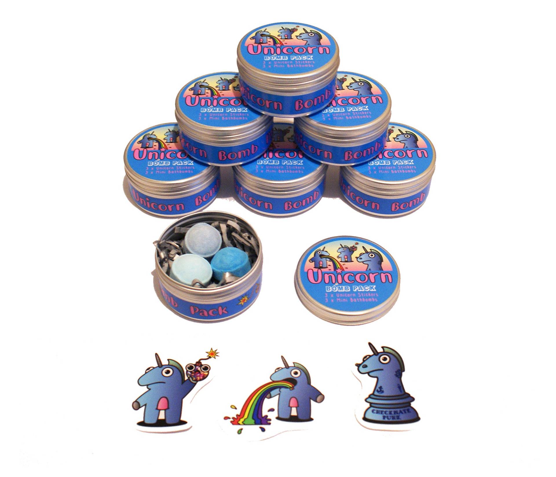 Einhorn Bomben Pack - 3x Badebomben, Aufkleber Blaue Dose Bad, Bomben, Sticker Pack, Geschenkdose, Einhorn, Graffiti, Kunst von Etsy - TheCreatureEmporium