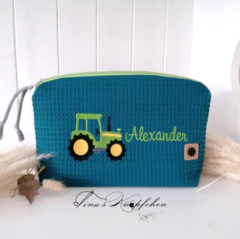 Kulturtasche /Windeltasche Mit Name /Wickeltasche/Personalisierbar/Petrol/ Traktor/Bestickt von Etsy - DeinKuestenknopf