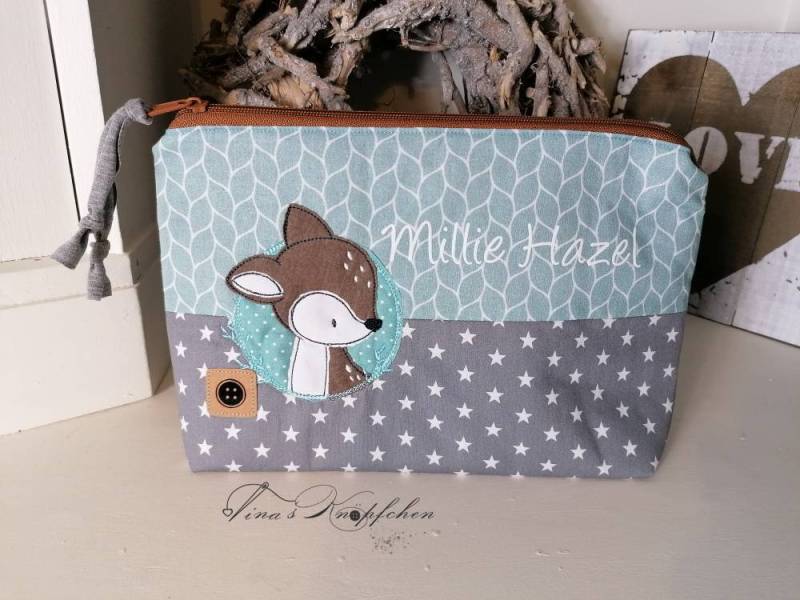 Kulturtasche /Windeltasche Personalisierbar , Mint/Grau, Reh/Waldtiere/Taufgeschenk Mit Name/Geschenk Zur Geburt von Etsy - DeinKuestenknopf