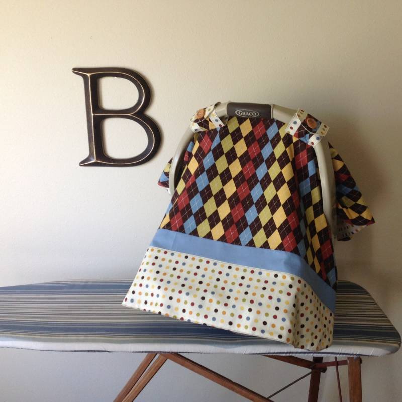 Autositz Baldachin - Neugeborenes Baby Carrier-Cover Argyle Und Polka-Dot Braun, Creme, Blau Baby-Dusche-Geschenk Autositz Baldachin - Neugeborenes Baby Carrier-Cover Argyle Und Polka-Dot Braun, Creme, Blau Baby-Dusche-Geschenk von Etsy - TinyLittleDots2