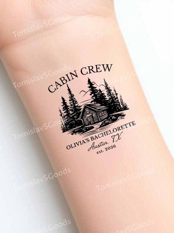 Personalisierte Cabochon Crew Tattoo, Benutzerdefinierte Berg Bachelorette Mädchen Reise Wochenende Gunsten, Wald Tattoo 2 Zoll von Etsy - TomislavSGoods