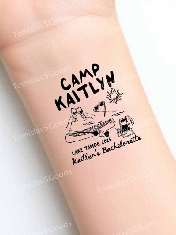 "Personalisierte Lager Bachelorette Tattoo, "Camp Kaitlyn" Temporäres Brautparty Gunst, Benutzerdefinierte Lake Tahoe Mädchen Reise Tattoo 2 Zoll." von Etsy - TomislavSGoods