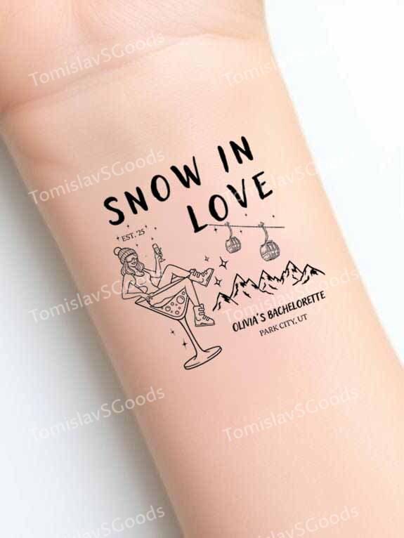 Personalisierte Schnee in Der Liebe Tattoo, Individuelle Apres Ski Bachelorette Winter Mädchen Reise Gunst, Tattoo 2 Zoll von Etsy - TomislavSGoods