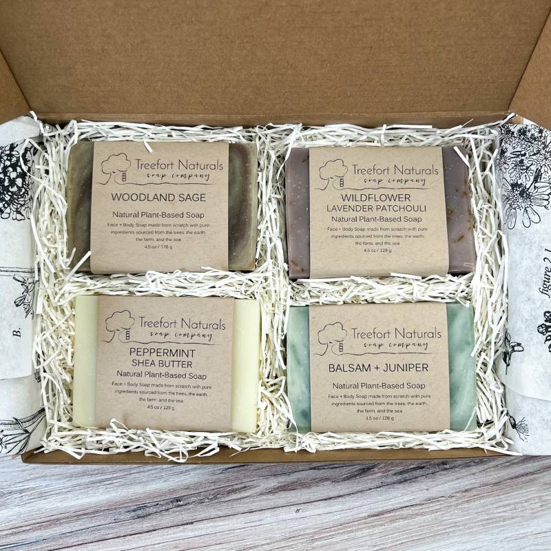Seifen-Geschenkbox - 4 Bar Seifenset, Natürliches Seifengeschenk, Gastgeberin Geschenk, Lehrer Weihnachtsgeschenk von Etsy - TreefortNaturals