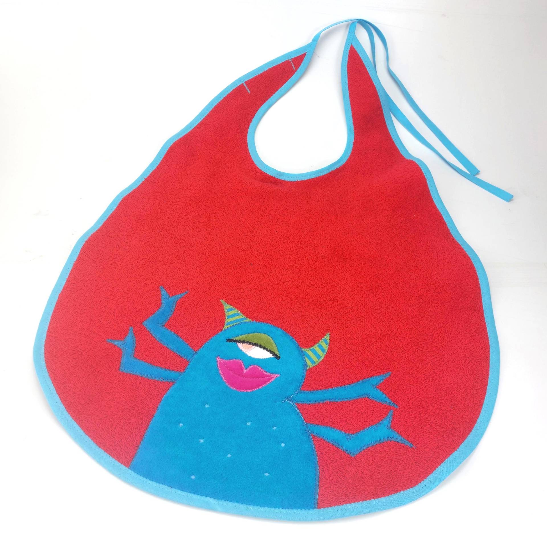 Großes Lätzchen Xxl, Rotes Spucktuch Für Erwachsene, Mit Türkiser Monster-Applikation von Etsy - Trullafabrik